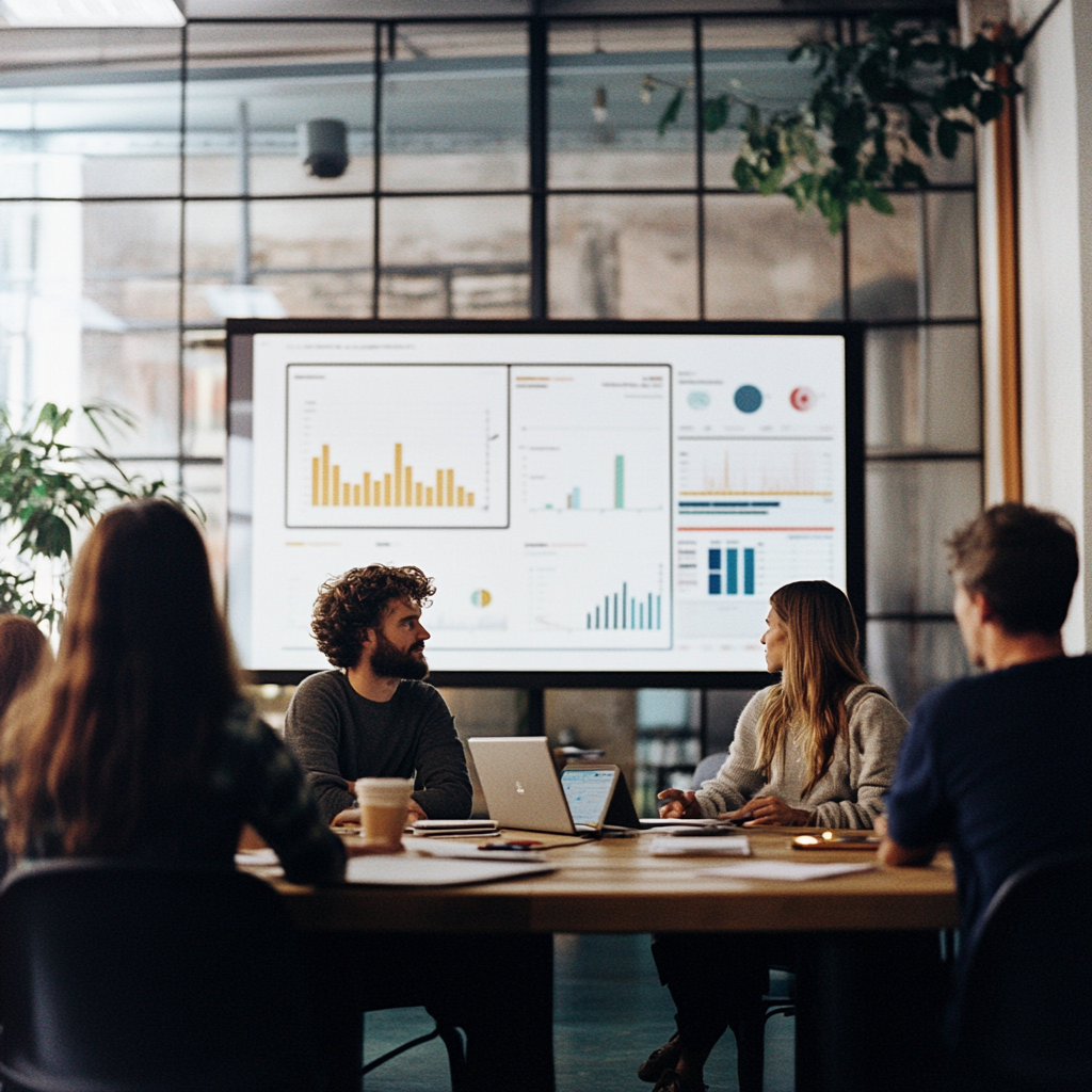 Marketing team discussing data and results, sitting around a table and looking at a screen